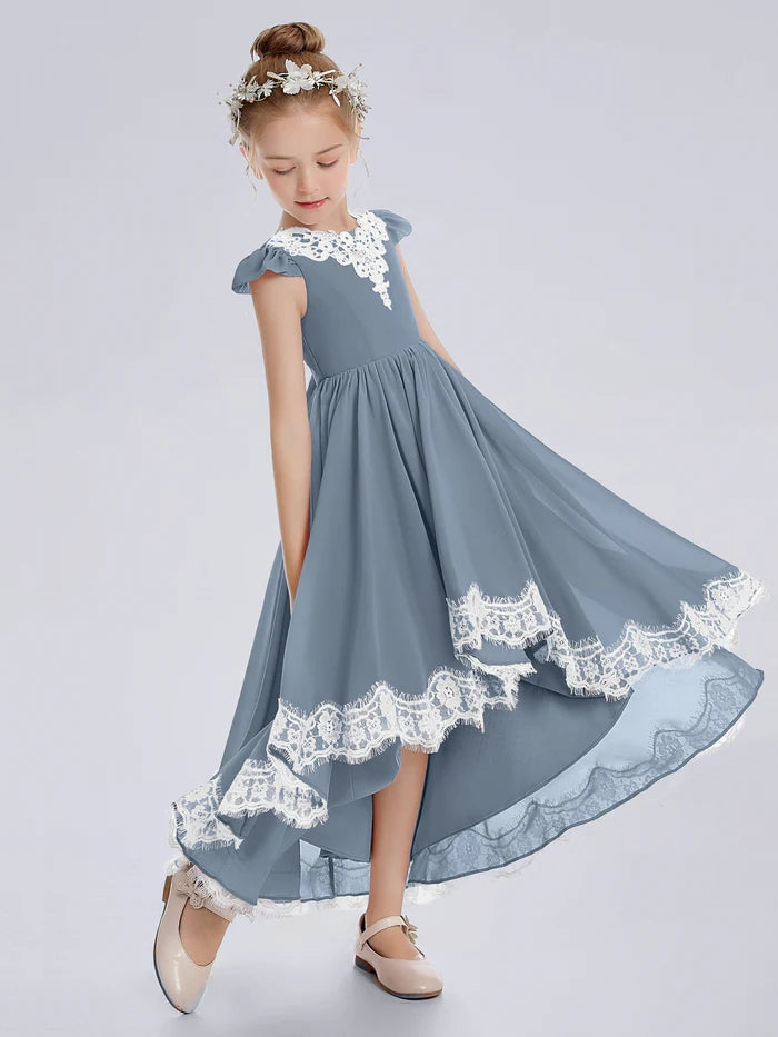 Asymmetrical Cap Sleeve Scoop Neck Cute Ankel-Length Lace/Chiffon Junior Bridesmaid Dress With Appliques Gidiondress