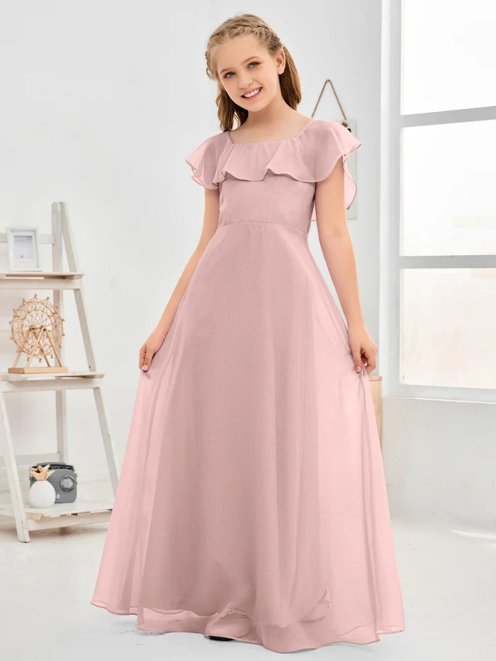 A-Line Square Flutter straps Simple Floor-Length Lilac Chiffon Junior Bridesmaid Dress/Girls Birthday Dresses Gidiondress Dusty Rose 12M