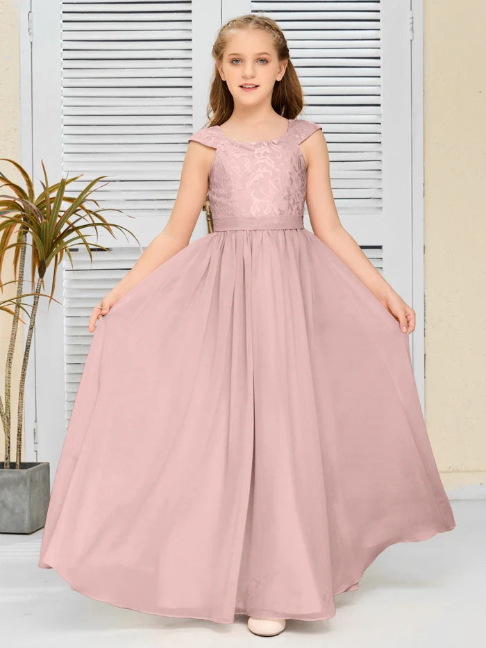 Floor-Length Pearl Pink Chiffon/Lace Junior Bridesmaid Dress/Girls dress Gidiondress