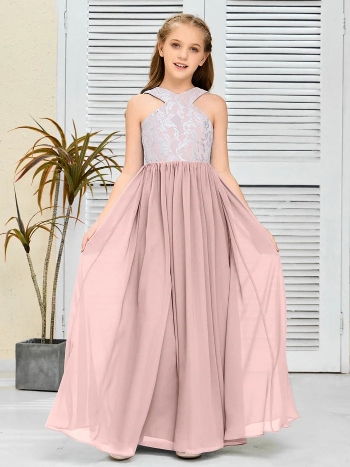 Halter Floor-Length Satin/Chiffon/Lace Junior Bridesmaid Dress/Girls Birthday Dresses Gidiondress