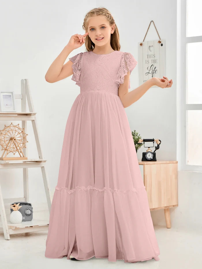 A-Line Scoop Neck Flutter straps Floor-Length Lace/Chiffon Junior Bridesmaid Dress/First Communion Dress With Lace Girls Gidiondress Dusty Rose 12M