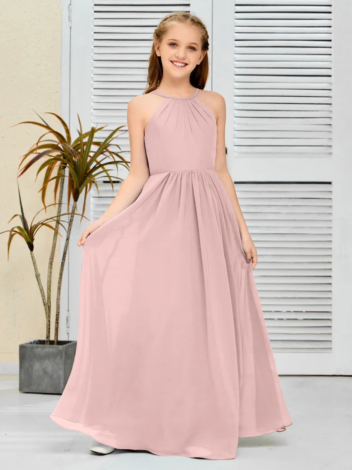 Halter Floor-Length Chiffon Simple Junior Bridesmaid Dress/Girls dress Gidiondress
