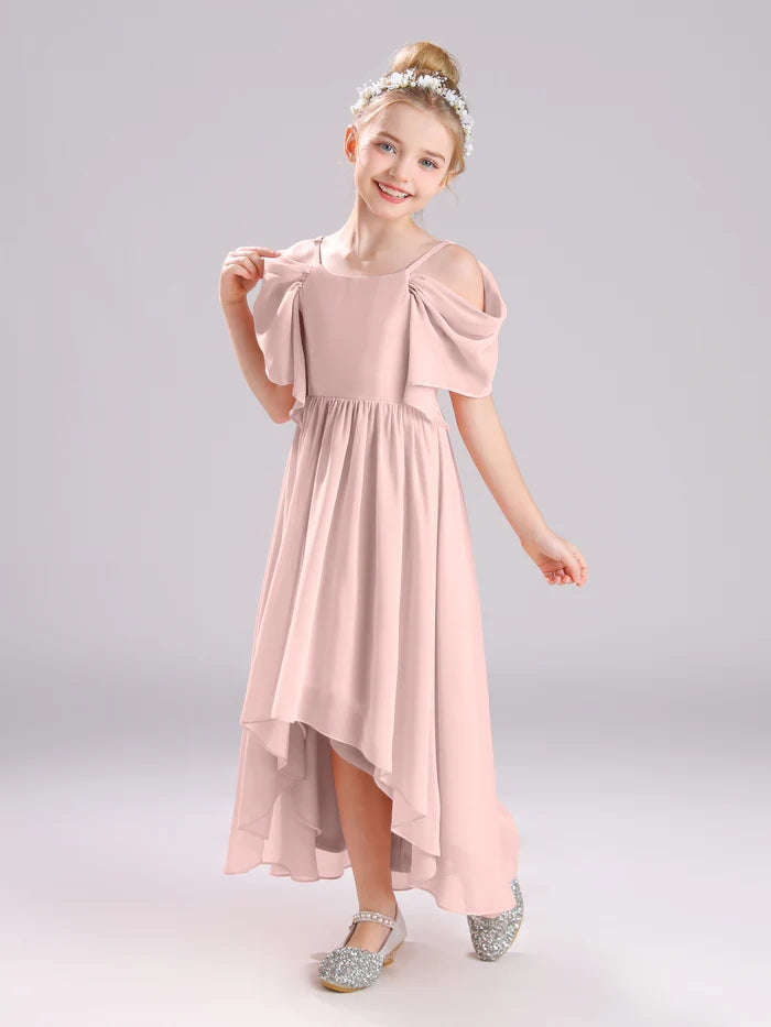 Girls Birthday Dresses Cold Shoulder Flutter Straps Chiffon Asymmetrical Junior Bridesmaid Dress/Party Dresses With Pleated Gidiondress