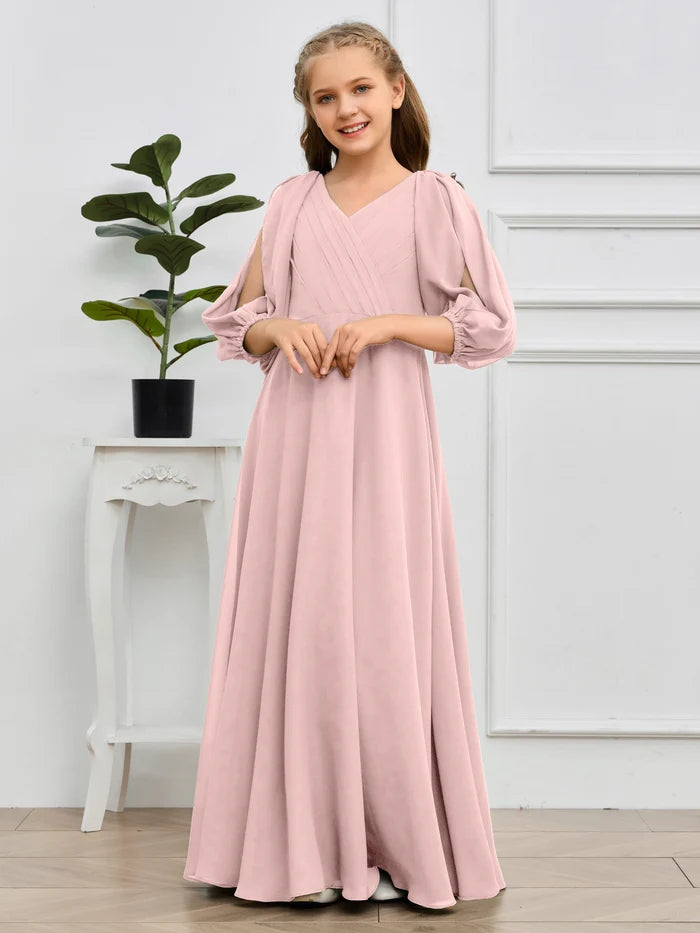 A-line V-Neck Floor-Length Chiffon Junior Bridesmaid Dresses Gidiondress