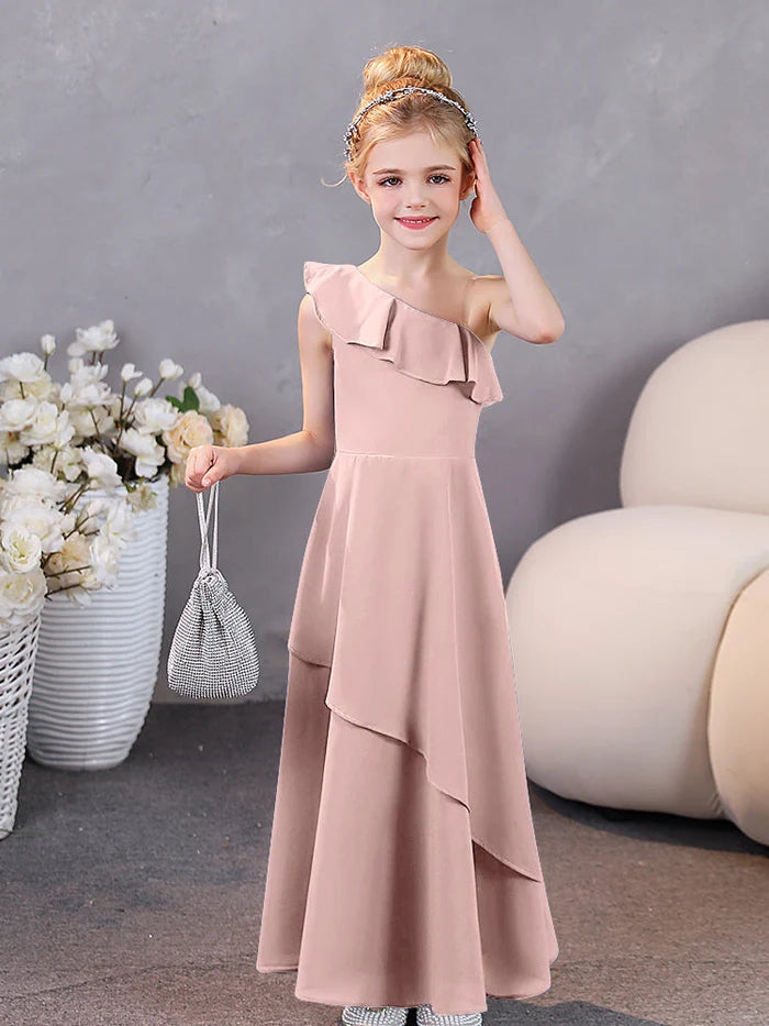 Girls Birthday Dresses One-Shoulder Sleeveless Chiffon Floor-Length Graceful Junior Bridesmaid Dress/Party Dresses With Ruffled Hem Gidiondress Dusty Rose 12M