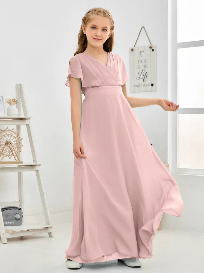 A-line V-Neck Floor-Length Chiffon Junior Bridesmaid Dress Gidiondress