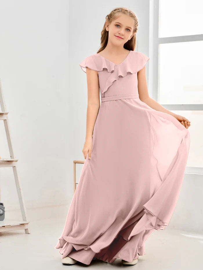 Floor-Length Chiffon Asymmetrical Junior Bridesmaid Dress/Girls Dress Gidiondress