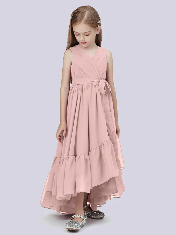 Asymmetrical Chiffon Junior Bridesmaid Dress/Girls Birthday Dresses With Pleated/Belt/Ruffled Gidiondress