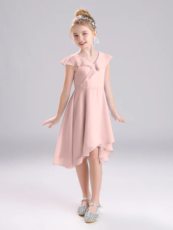 Girls Birthday Dresses V-Neck Cape Chiffon Asymmetrical Junior Bridesmaid Dress/Party Dresses With Belt Girls Gidiondress