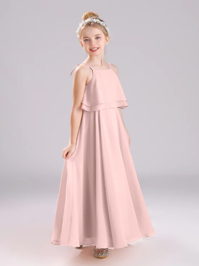 Girls Birthday Dresses Square Neck Spaghetti Straps Chiffon Floor-Length Junior Bridesmaid Dress/Party Dresses Gidiondress