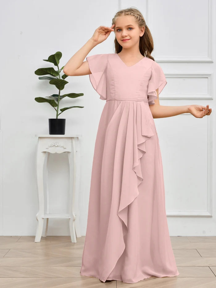 V-Neck Flutter straps Floor-Length Chiffon Junior Bridesmaid Dress/Girls Birthday Dresses Gidiondress