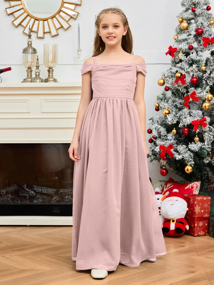 A-Line Floor-Length Chiffon Cold Shoulder Junior Bridesmaid Dress/Girls Birthday Dresses With Cape Gidiondress