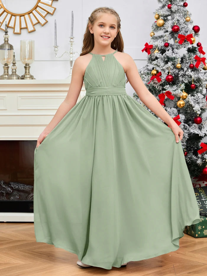 Halter A-Line Classic Floor-Length Chiffon Girls Birthday Dresses/Junior Bridesmaid Dress With Pleated/Belt Gidiondress Dusty Sage 12M