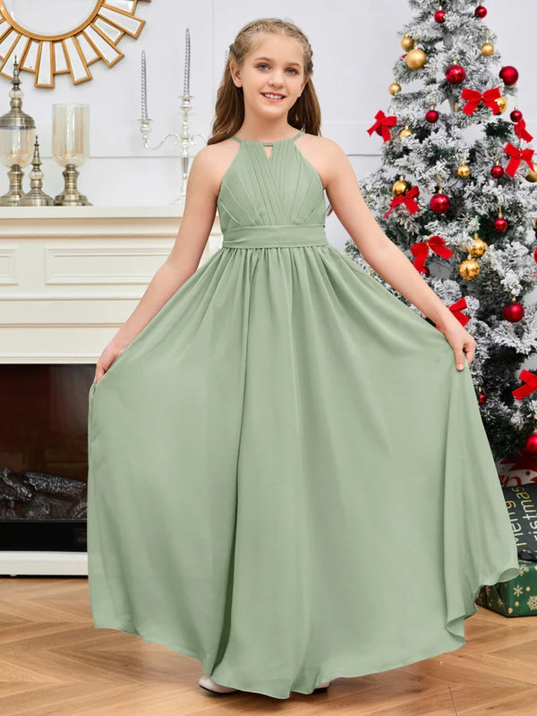 Halter A-Line Classic Floor-Length Chiffon Girls Birthday Dresses/Junior Bridesmaid Dress With Pleated/Belt Gidiondress Dusty Sage 12M