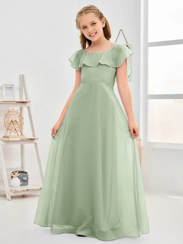 A-Line Square Flutter straps Simple Floor-Length Lilac Chiffon Junior Bridesmaid Dress/Girls Birthday Dresses Gidiondress Dusty Sage 12M