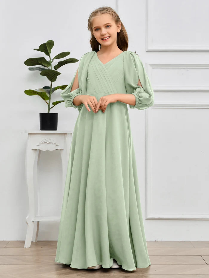 A-line V-Neck Floor-Length Chiffon Junior Bridesmaid Dresses Gidiondress
