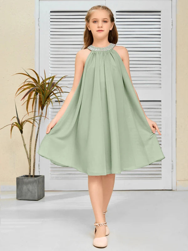 Halter tea-Length Chiffon Junior Bridesmaid Dress/Girls Birthday Dresses Gidiondress