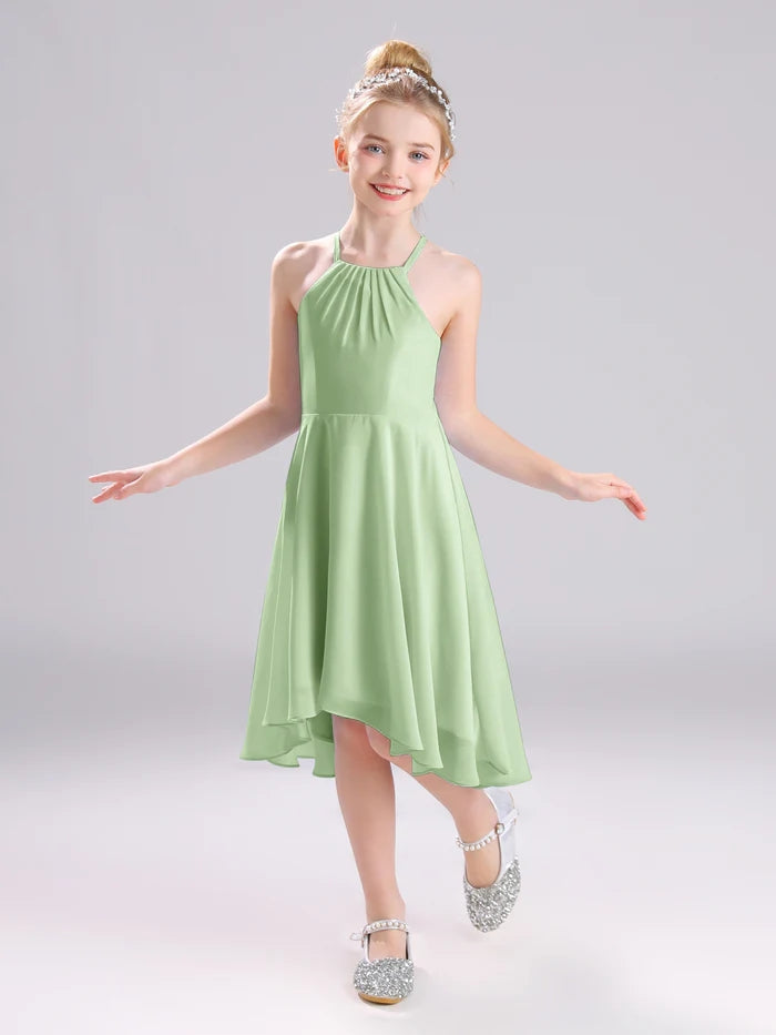 Girls Birthday Dresses Halter Spaghetti Straps Chiffon Asymmetrical Knee-Length Junior Bridesmaid Dress/Party Dresses With Pleated Gidiondress