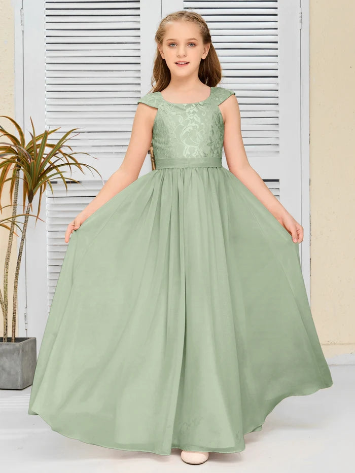 Floor-Length Pearl Pink Chiffon/Lace Junior Bridesmaid Dress/Girls dress Gidiondress