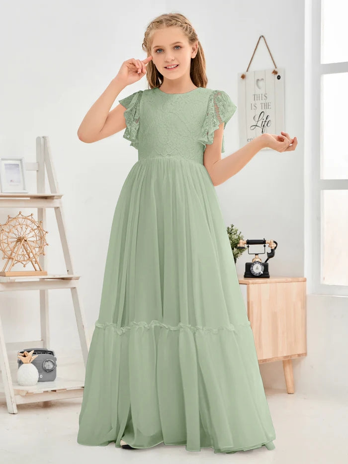 A-Line Scoop Neck Flutter straps Floor-Length Lace/Chiffon Junior Bridesmaid Dress/First Communion Dress With Lace Girls Gidiondress