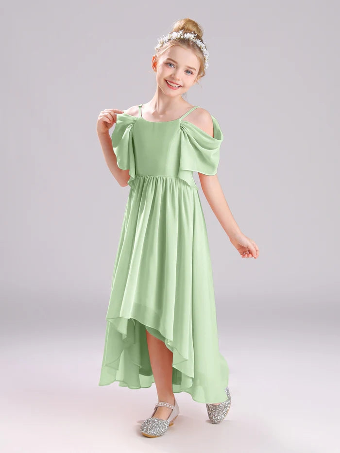 Girls Birthday Dresses Cold Shoulder Flutter Straps Chiffon Asymmetrical Junior Bridesmaid Dress/Party Dresses With Pleated Gidiondress