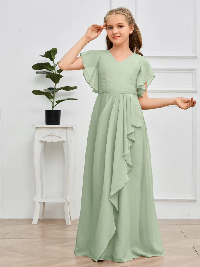 V-Neck Flutter straps Floor-Length Chiffon Junior Bridesmaid Dress/Girls Birthday Dresses Gidiondress