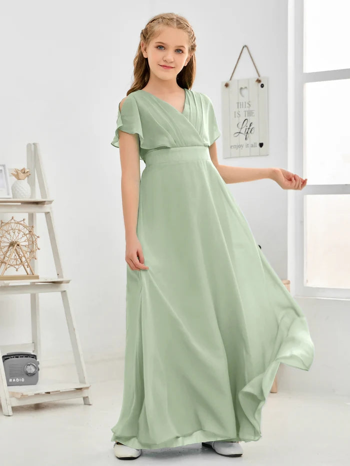 A-line V-Neck Floor-Length Chiffon Junior Bridesmaid Dress Gidiondress Dusty Sage 12M