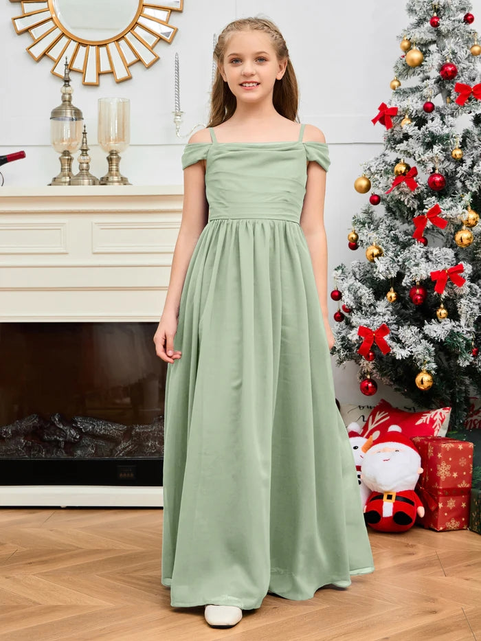 A-Line Floor-Length Chiffon Cold Shoulder Junior Bridesmaid Dress/Girls Birthday Dresses With Cape Gidiondress