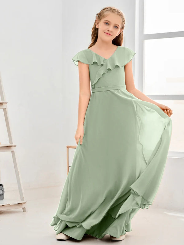 Floor-Length Chiffon Asymmetrical Junior Bridesmaid Dress/Girls Dress Gidiondress