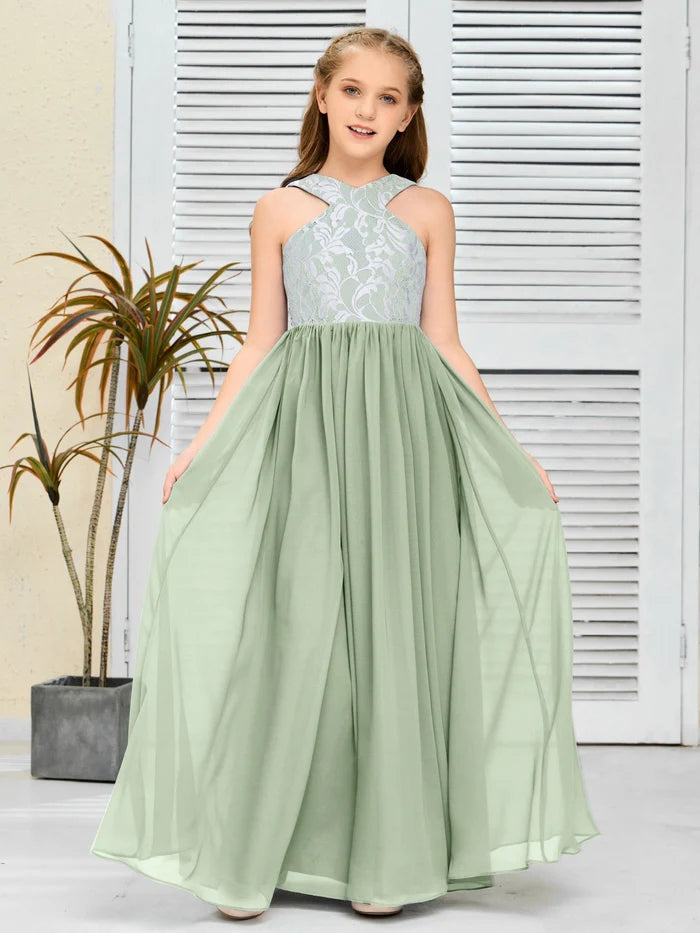 Halter Floor-Length Satin/Chiffon/Lace Junior Bridesmaid Dress/Girls Birthday Dresses Gidiondress