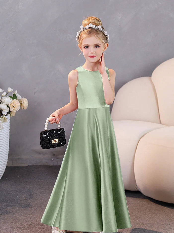 Girls Birthday Dresses Simple Sleeveless Satin Floor-Length Junior Bridesmaid Dress Gidiondress