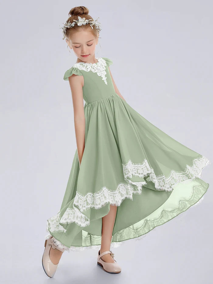 Asymmetrical Cap Sleeve Scoop Neck Cute Ankel-Length Lace/Chiffon Junior Bridesmaid Dress With Appliques Gidiondress
