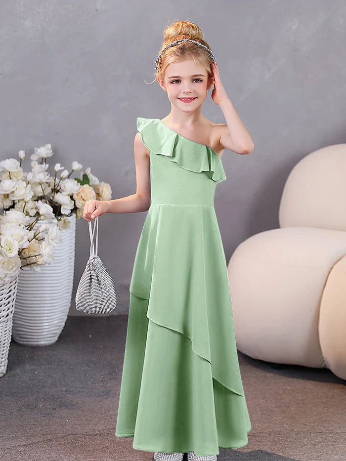 Girls Birthday Dresses One-Shoulder Sleeveless Chiffon Floor-Length Graceful Junior Bridesmaid Dress/Party Dresses With Ruffled Hem Gidiondress Dusty Sage 12M