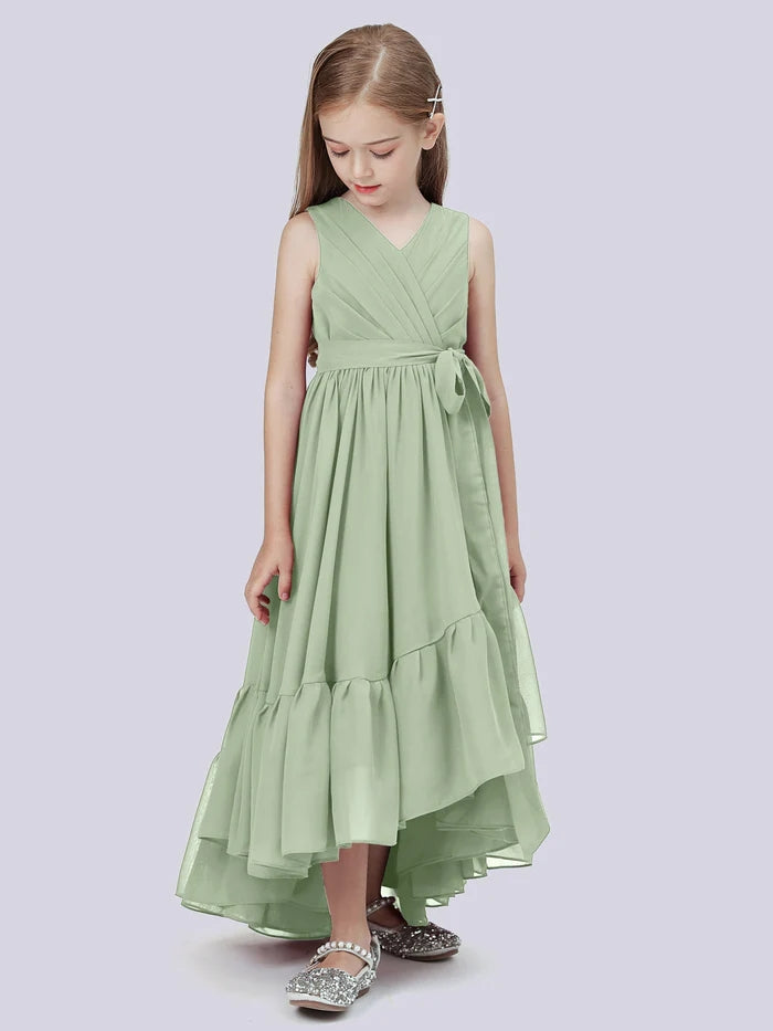 Asymmetrical Chiffon Junior Bridesmaid Dress/Girls Birthday Dresses With Pleated/Belt/Ruffled Gidiondress
