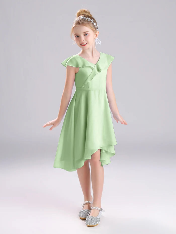 Girls Birthday Dresses V-Neck Cape Chiffon Asymmetrical Junior Bridesmaid Dress/Party Dresses With Belt Girls Gidiondress Dusty Sage 12M