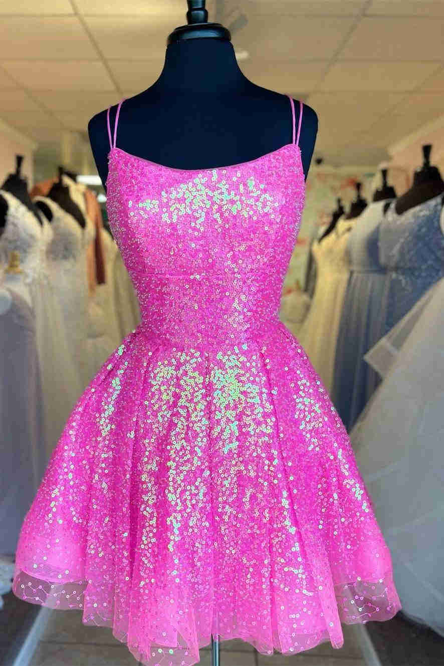 Cute Hot Pink Sequins A-Line Short Homecoming Dress BabaMila as picture 2