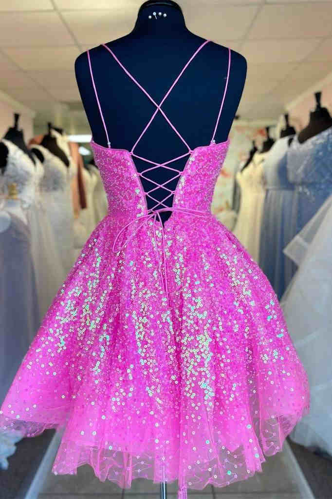 Cute Hot Pink Sequins A-Line Short Homecoming Dress BabaMila