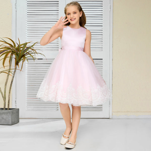 A-Line Sleeveless Scoop Neck Knee-Length Blushing pink Satin/Lace/Tulle Flower Girl Dresses/Girls Birthday Dresses With Belt/Bow/Appliques Girls Gidiondress