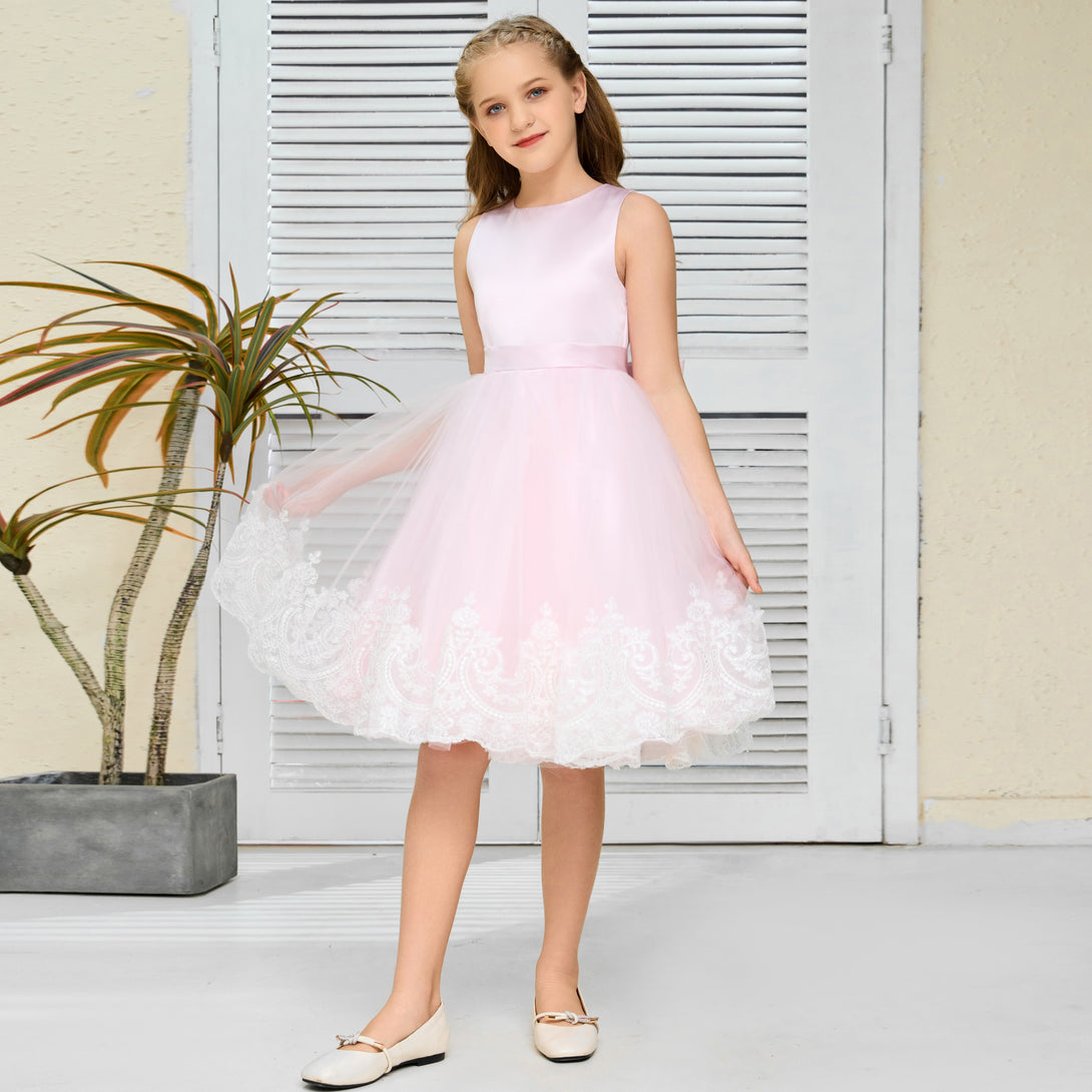 A-Line Sleeveless Scoop Neck Knee-Length Blushing pink Satin/Lace/Tulle Flower Girl Dresses/Girls Birthday Dresses With Belt/Bow/Appliques Girls Gidiondress