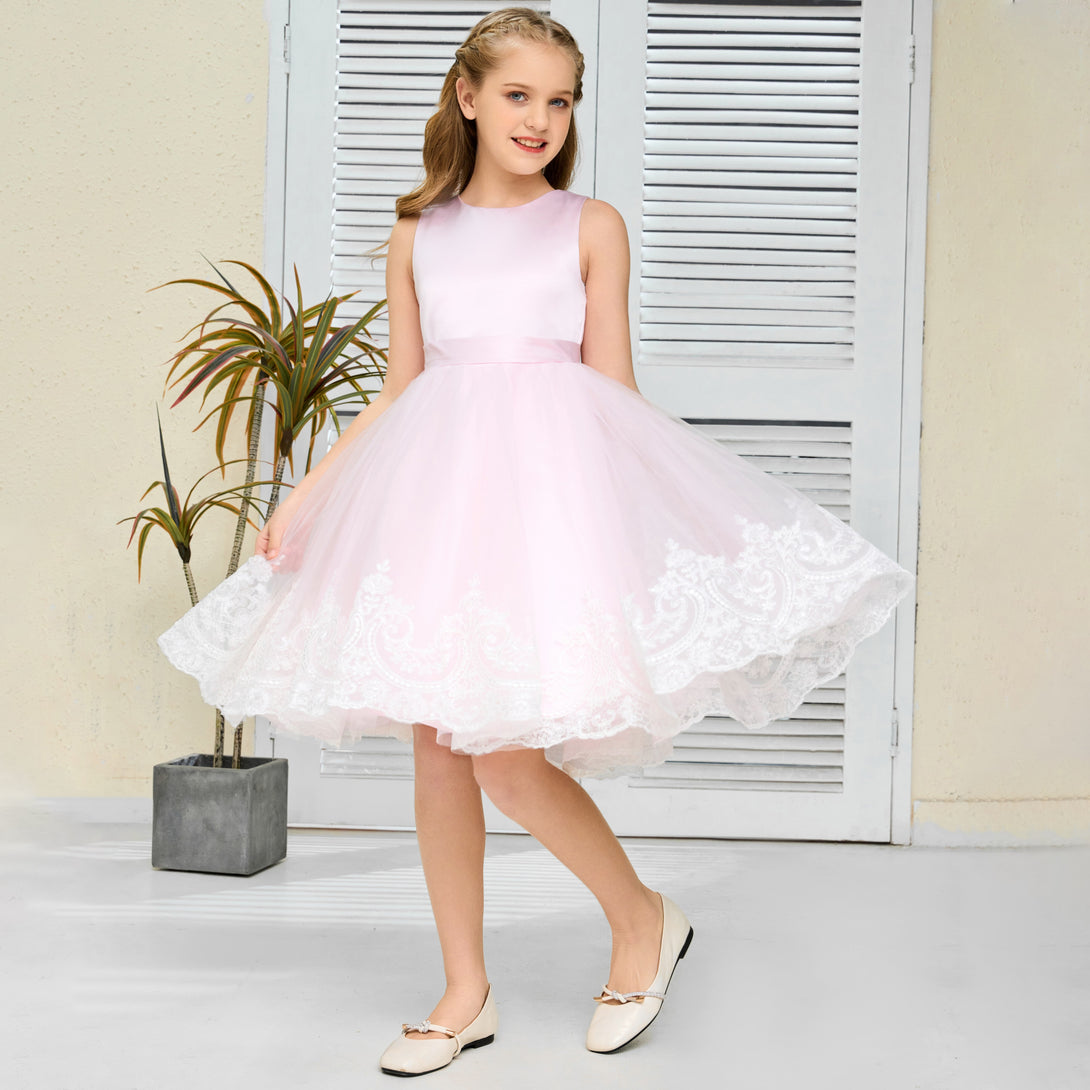 A-Line Sleeveless Scoop Neck Knee-Length Blushing pink Satin/Lace/Tulle Flower Girl Dresses/Girls Birthday Dresses With Belt/Bow/Appliques Girls Gidiondress
