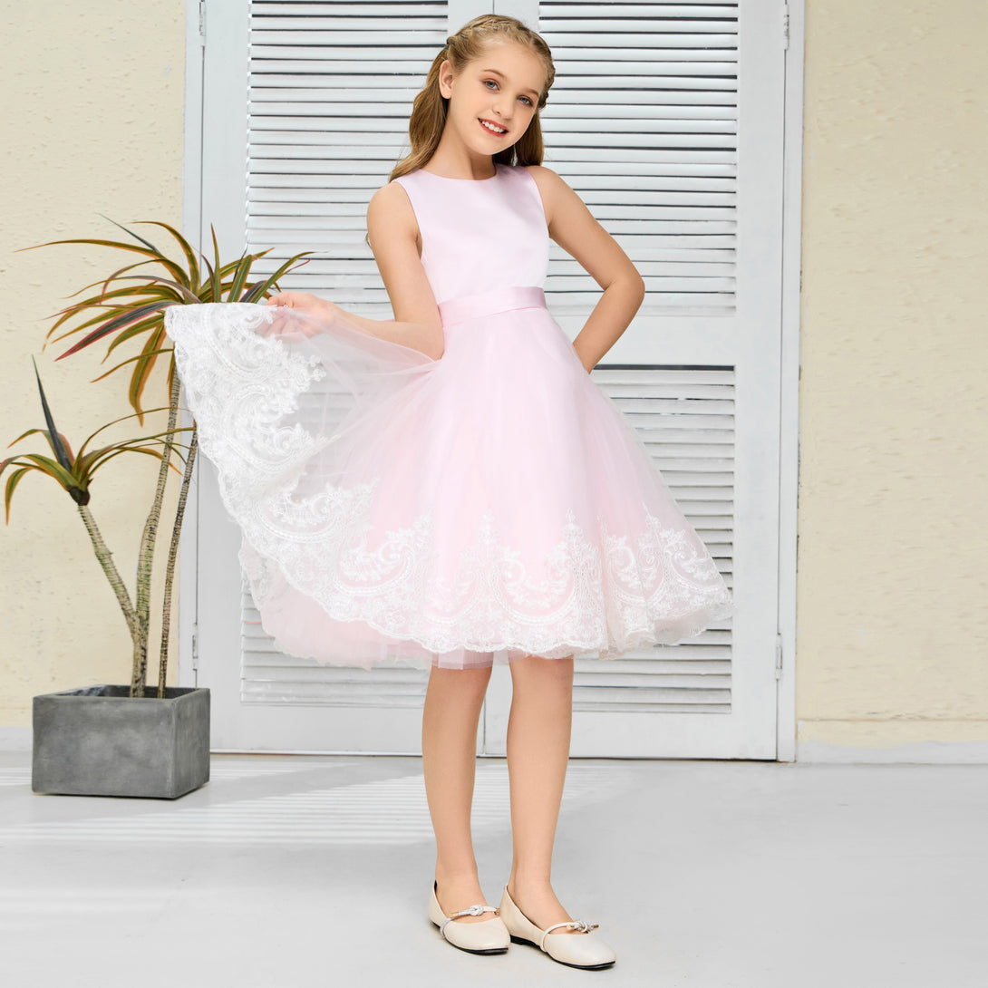 A-Line Sleeveless Scoop Neck Knee-Length Blushing pink Satin/Lace/Tulle Flower Girl Dresses/Girls Birthday Dresses With Belt/Bow/Appliques Girls Gidiondress Blushing Pink 12M