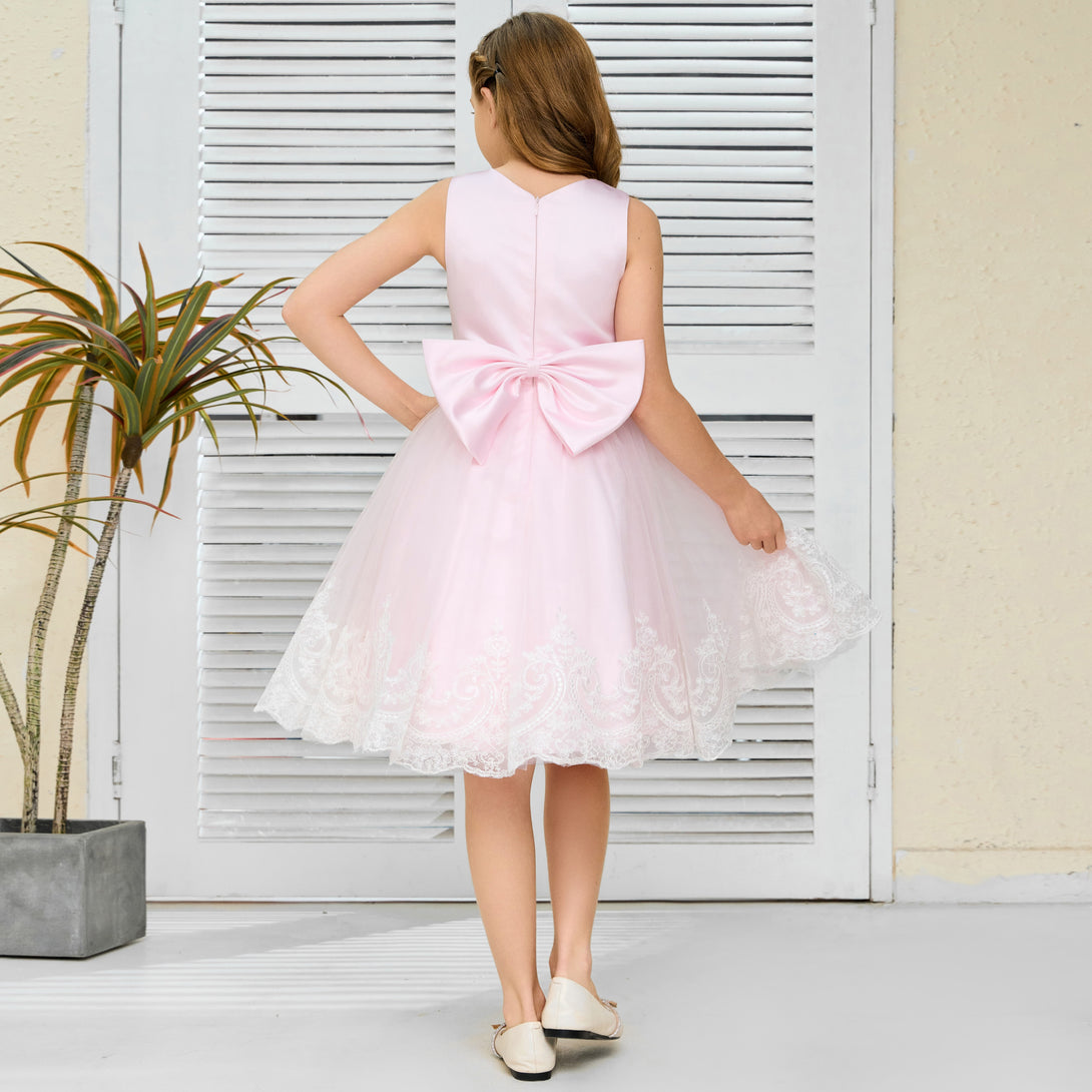 A-Line Sleeveless Scoop Neck Knee-Length Blushing pink Satin/Lace/Tulle Flower Girl Dresses/Girls Birthday Dresses With Belt/Bow/Appliques Girls Gidiondress