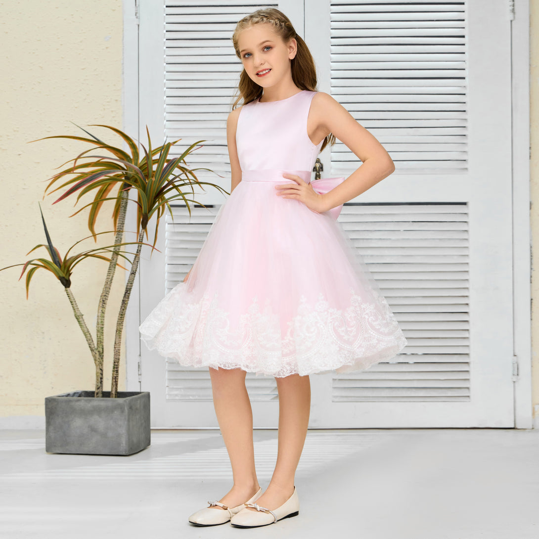 A-Line Sleeveless Scoop Neck Knee-Length Blushing pink Satin/Lace/Tulle Flower Girl Dresses/Girls Birthday Dresses With Belt/Bow/Appliques Girls Gidiondress