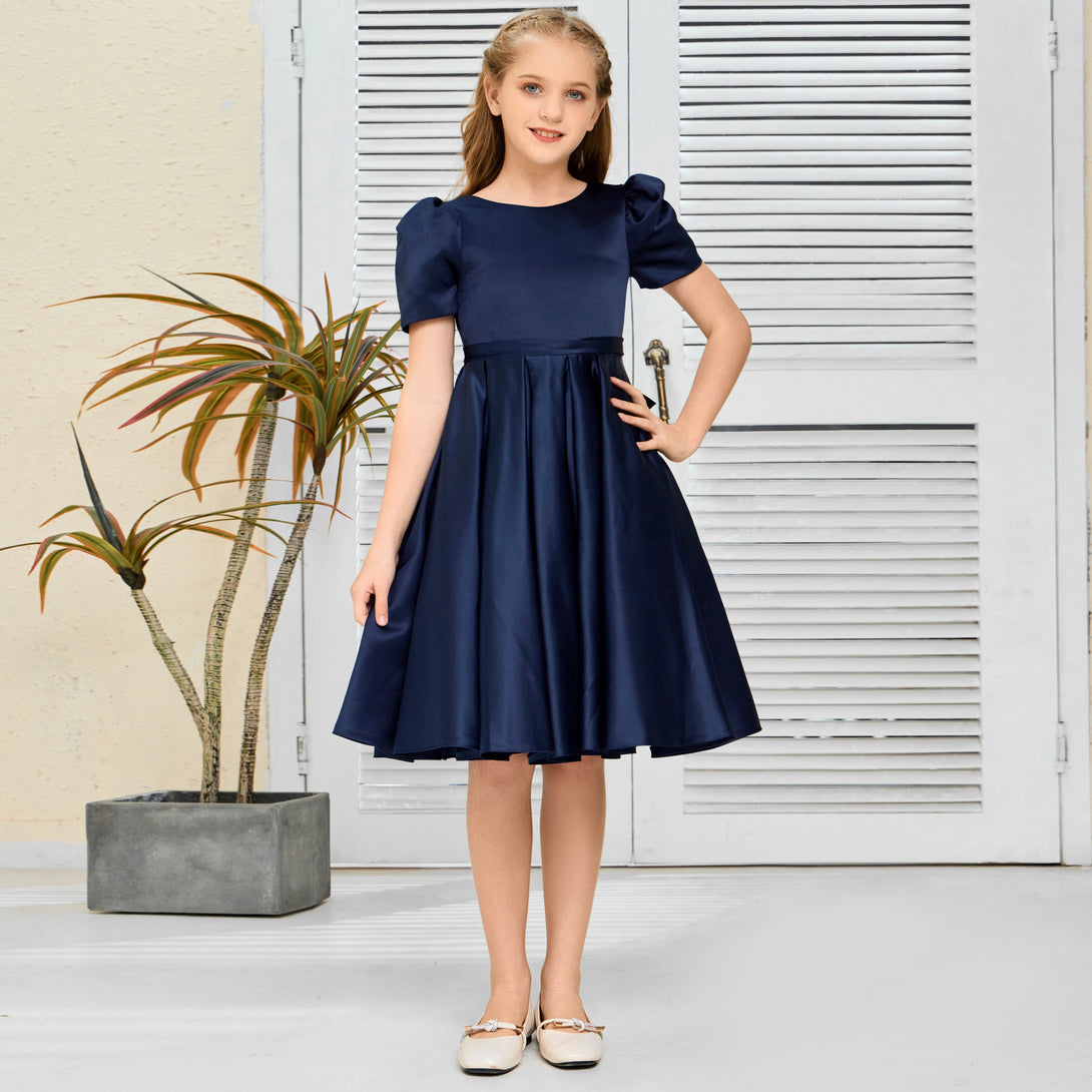 A-Line Short Sleeve Boat Neck Knee-Length Navy blue Satin Flower Girl Dresses/Girls Birthday Dresses With Belt Girls Gidiondress