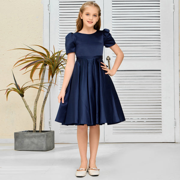 A-Line Short Sleeve Boat Neck Knee-Length Navy blue Satin Flower Girl Dresses/Girls Birthday Dresses With Belt Girls Gidiondress