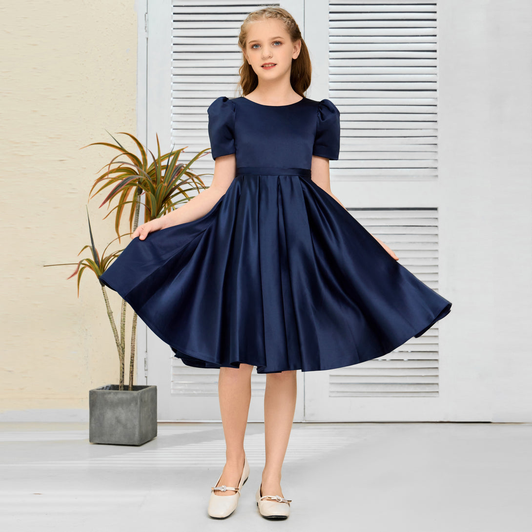 A-Line Short Sleeve Boat Neck Knee-Length Navy blue Satin Flower Girl Dresses/Girls Birthday Dresses With Belt Girls Gidiondress