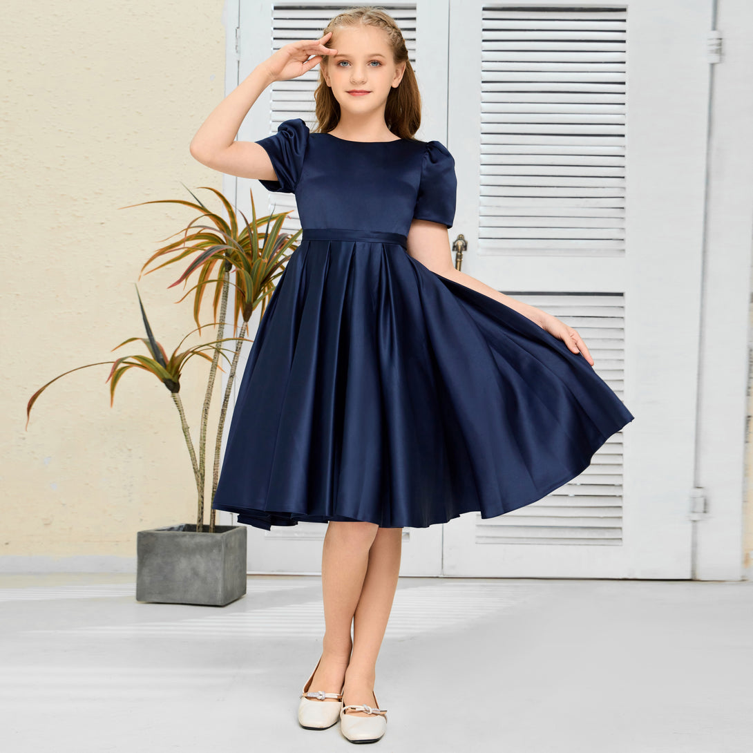 A-Line Short Sleeve Boat Neck Knee-Length Navy blue Satin Flower Girl Dresses/Girls Birthday Dresses With Belt Girls Gidiondress