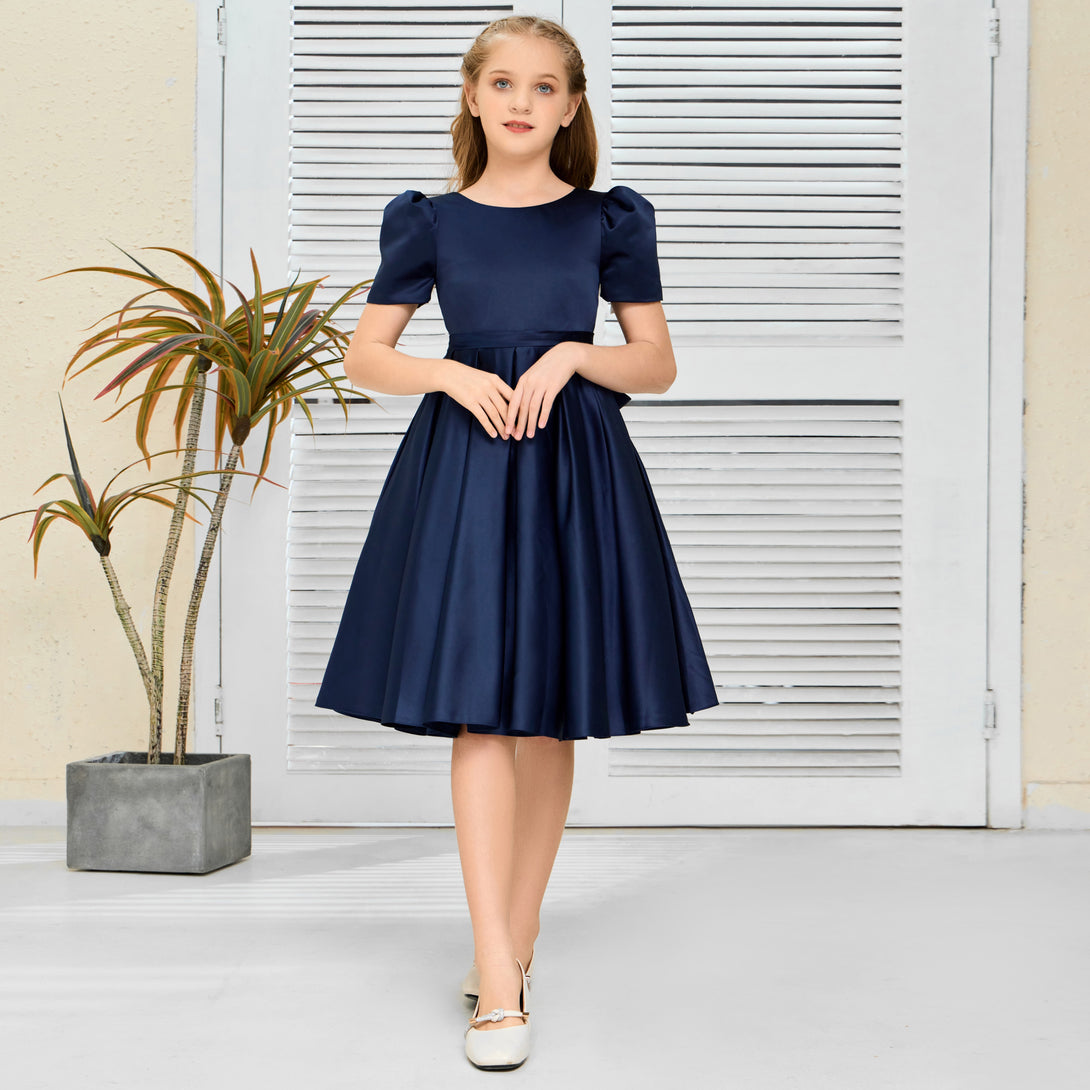 A-Line Short Sleeve Boat Neck Knee-Length Navy blue Satin Flower Girl Dresses/Girls Birthday Dresses With Belt Girls Gidiondress