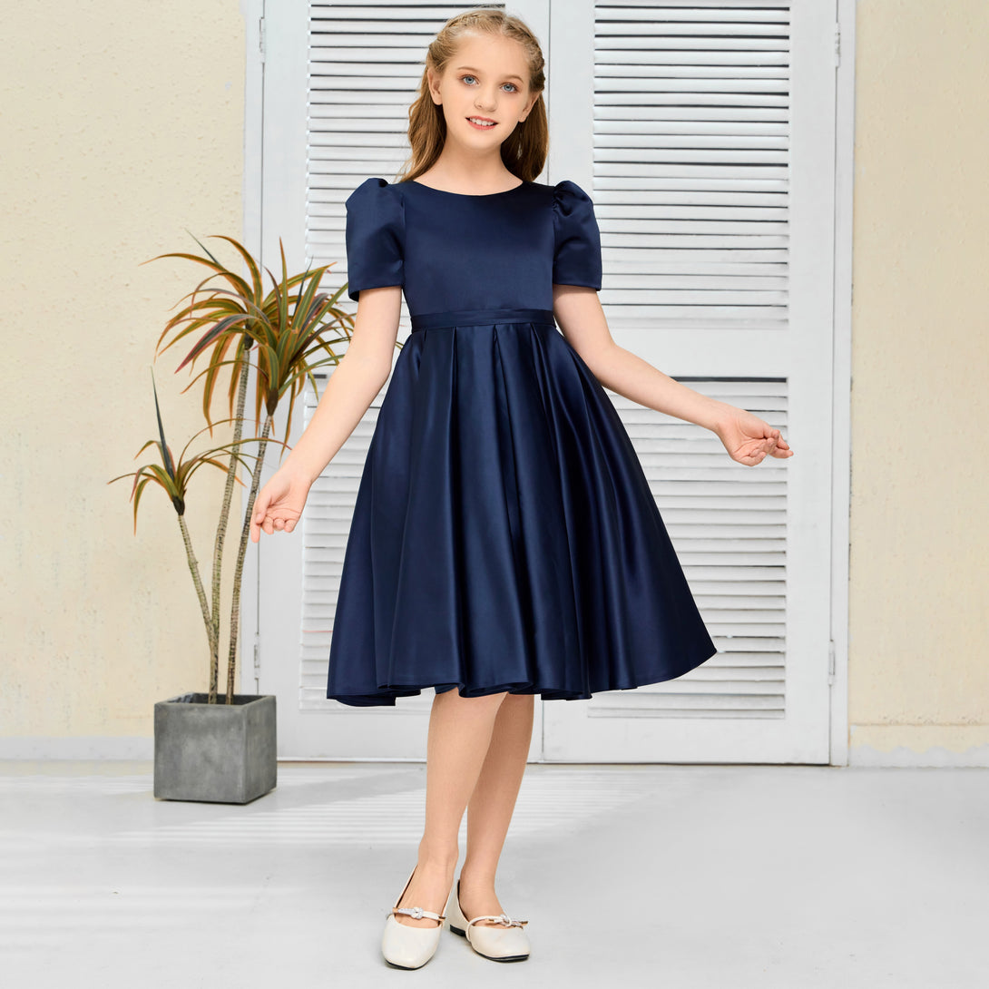 A-Line Short Sleeve Boat Neck Knee-Length Navy blue Satin Flower Girl Dresses/Girls Birthday Dresses With Belt Girls Gidiondress Navy Blue 12M