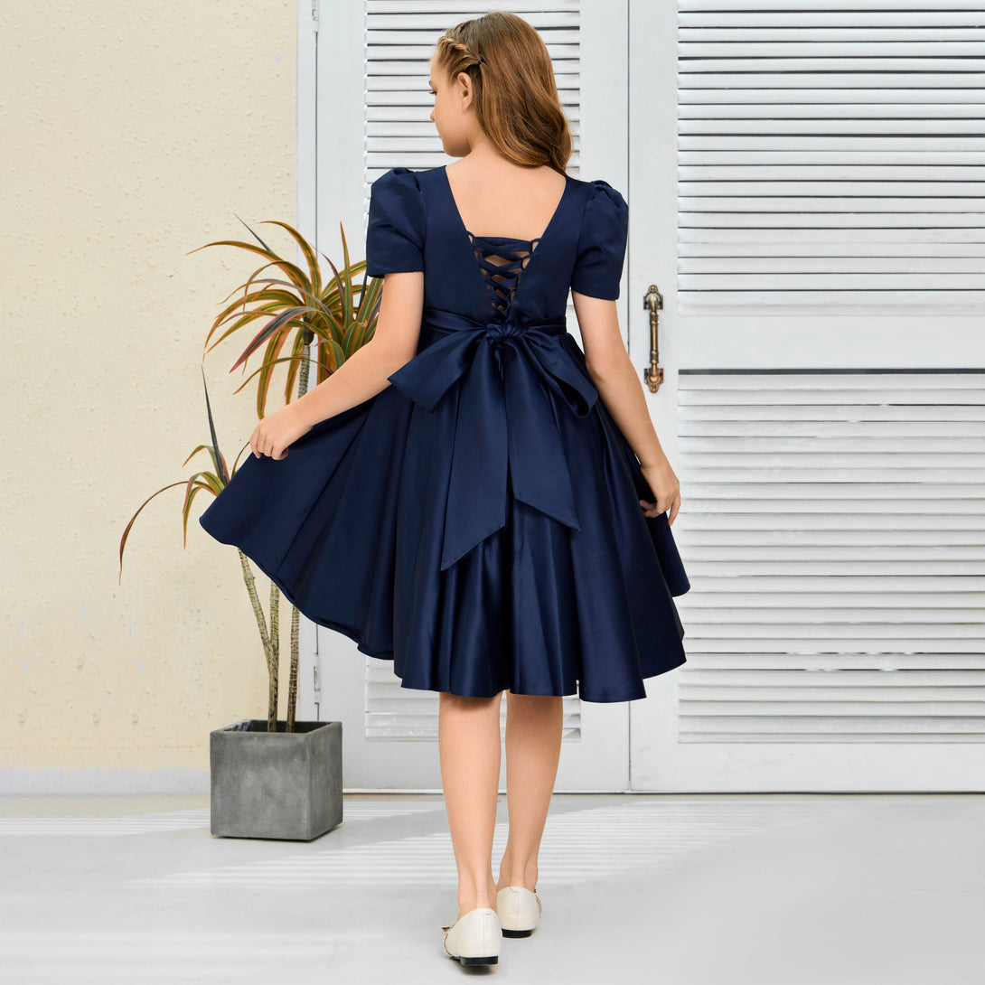 A-Line Short Sleeve Boat Neck Knee-Length Navy blue Satin Flower Girl Dresses/Girls Birthday Dresses With Belt Girls Gidiondress
